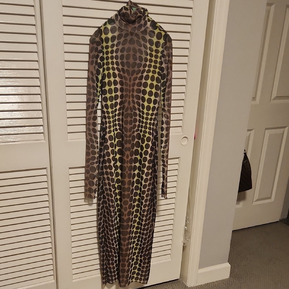AFRM Stylish Brown and Yellow Polka Dot Mesh Maxi Dress